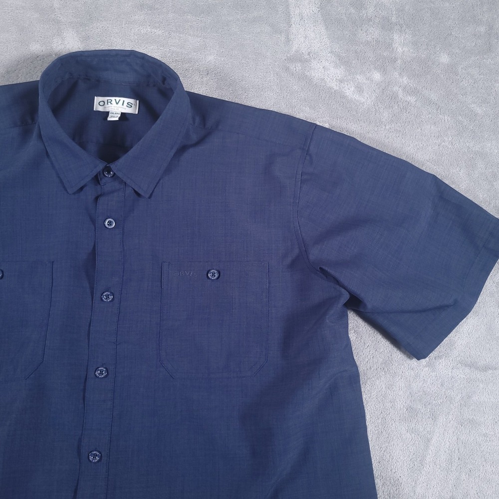 Orvis Tech Shirt Mens 2XL XXL Navy Blue Short Sleeve Button Up Pockets Outdoor